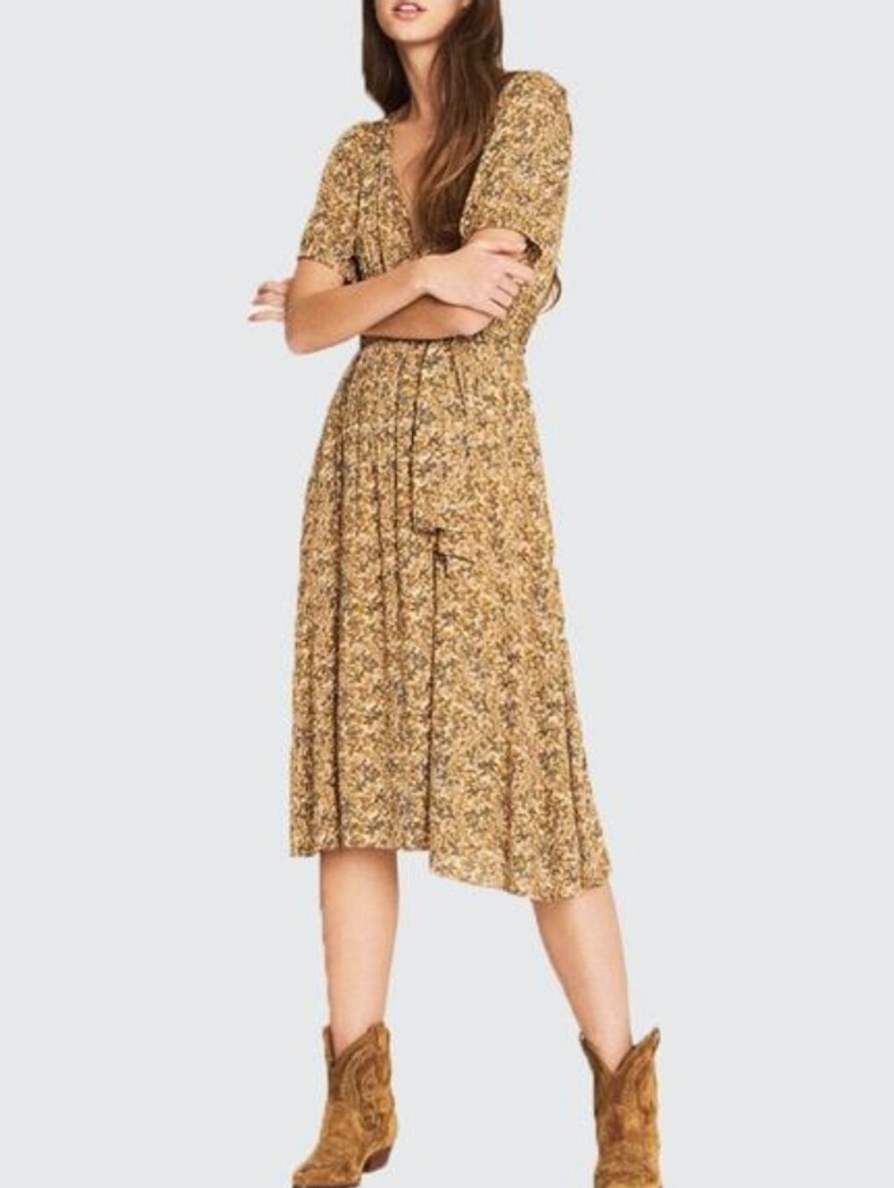 Ba&sh Noemi Brown Floral Wrap Tie Midi Dress XS Boho Romantic